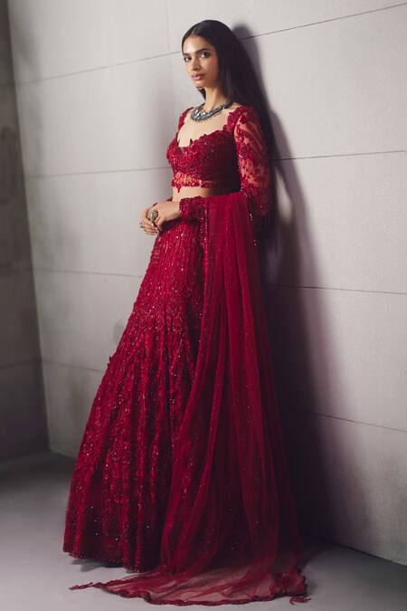 Buy_Awigna_Red Net Embroidery, Sequins, Beads Sweetheart Neck Lehenga Set _Online_at_Aza_Fashions