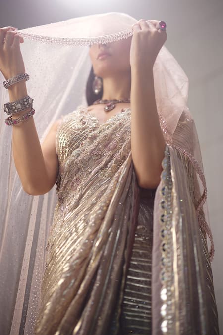 Awigna_Pink Georgette, Shantoon, Net Embroidery, Zari, Dusty Saree With Blouse _Online_at_Aza_Fashions