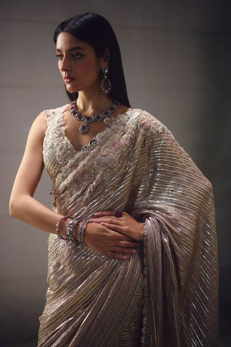 Buy_Awigna_Pink Georgette, Shantoon, Net Embroidery, Zari, Dusty Saree With Blouse _Online_at_Aza_Fashions