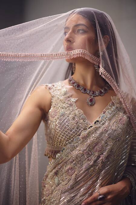 Shop_Awigna_Pink Georgette, Shantoon, Net Embroidery, Zari, Dusty Saree With Blouse _Online_at_Aza_Fashions