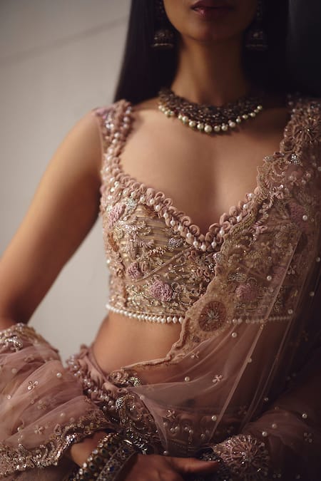 Awigna_Pink Georgette, Net Embroidery, Beads, Sequins, Pearls Dusty Lehenga Set _Online_at_Aza_Fashions