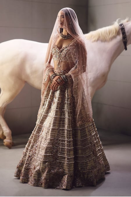 Buy_Awigna_Pink Georgette, Net Embroidery, Beads, Sequins, Pearls Dusty Lehenga Set _Online_at_Aza_Fashions