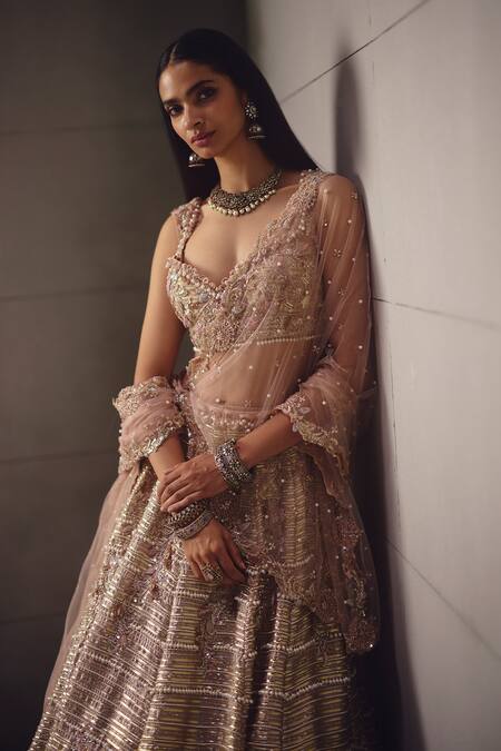Awigna_Pink Georgette, Net Embroidery, Beads, Sequins, Pearls Dusty Lehenga Set _at_Aza_Fashions