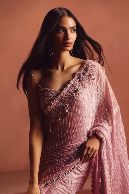 Buy_Awigna_Pink Georgette, Silk Embroidery, Sequins Mauve Embellished Saree With Blouse _Online_at_Aza_Fashions