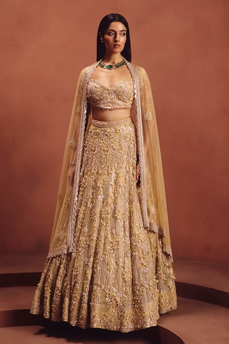 Awigna_Beige Net Crystals, Embroidery, Sequins, Mirrors Champagne Bridal Lehenga Set _Online_at_Aza_Fashions