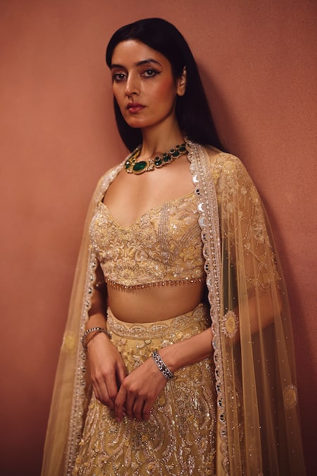Buy_Awigna_Beige Net Crystals, Embroidery, Sequins, Mirrors Champagne Bridal Lehenga Set _Online_at_Aza_Fashions