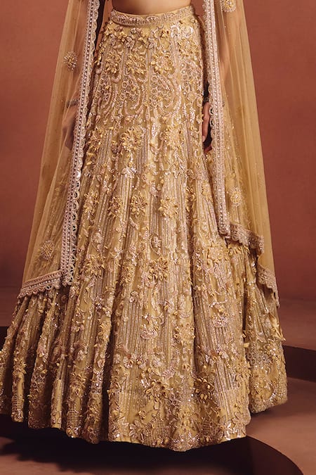Shop_Awigna_Beige Net Crystals, Embroidery, Sequins, Mirrors Champagne Bridal Lehenga Set _Online_at_Aza_Fashions