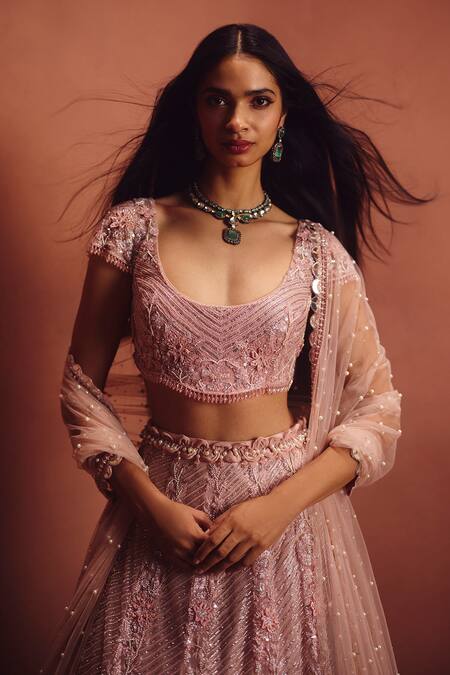 Awigna_Pink Net Embroidery, Sequins, Pearls Scoop Neck Embellished Lehenga Set _Online_at_Aza_Fashions