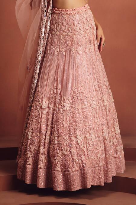 Buy_Awigna_Pink Net Embroidery, Sequins, Fringe, Stones V-neck Lehenga Set _Online_at_Aza_Fashions