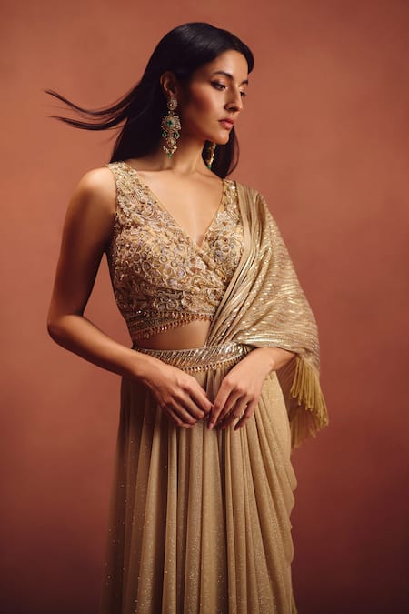 Awigna_Gold Lycra Fringe, Embroidery, Beads, Zari V-neck Draped Saree With Blouse _Online_at_Aza_Fashions