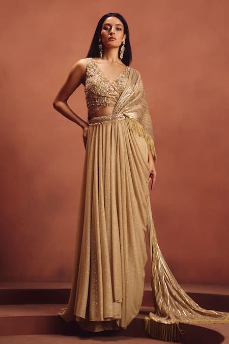 Awigna Gold Draped Saree With Blouse 