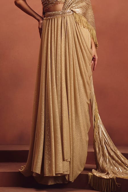 Buy_Awigna_Gold Lycra Fringe, Embroidery, Beads, Zari V-neck Draped Saree With Blouse _Online_at_Aza_Fashions