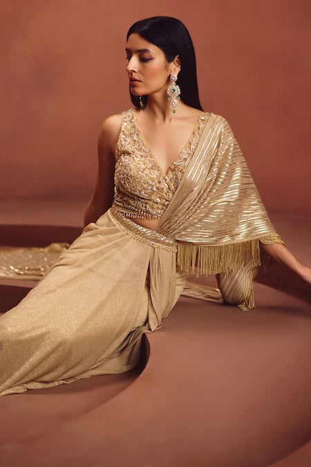 Shop_Awigna_Gold Lycra Fringe, Embroidery, Beads, Zari V-neck Draped Saree With Blouse _Online_at_Aza_Fashions