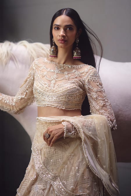 Awigna_Ivory Net Embroidery, Sequins, Beads, Zari, Pearls Boat Neck Bridal Lehenga Set _Online_at_Aza_Fashions
