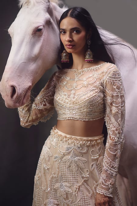 Buy_Awigna_Ivory Net Embroidery, Sequins, Beads, Zari, Pearls Boat Neck Bridal Lehenga Set _Online_at_Aza_Fashions