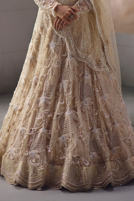 Shop_Awigna_Ivory Net Embroidery, Sequins, Beads, Zari, Pearls Boat Neck Bridal Lehenga Set _Online_at_Aza_Fashions