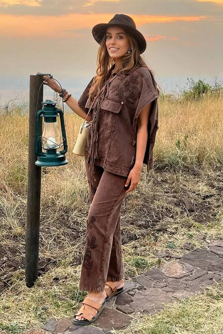 Kay Kay_Brown Denim Embroidery Collared Kennedi Shirt And Pant Co-ord Set _at_Aza_Fashions