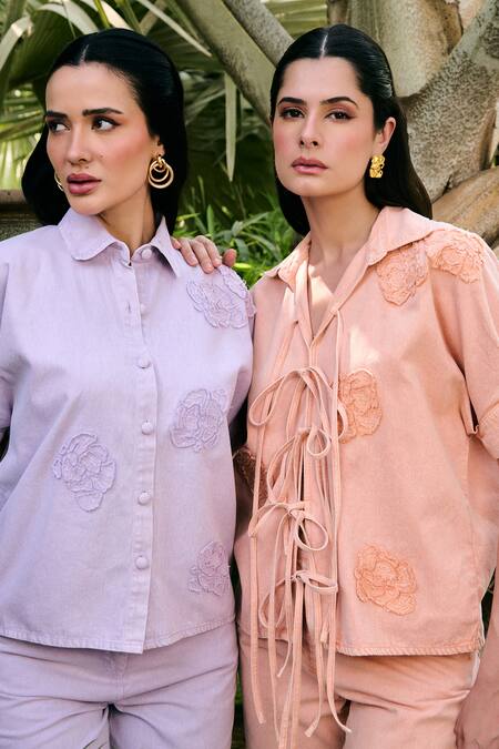 Buy_Kay Kay_Peach Denim Applique Collared Faye Tie-up Shirt And Pant Co-ord Set _Online_at_Aza_Fashions