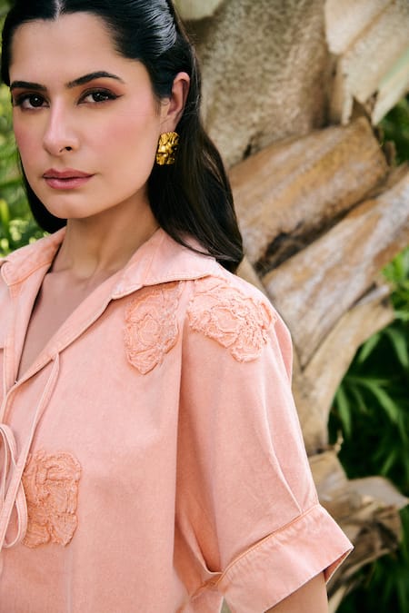 Kay Kay_Peach Denim Applique Collared Faye Tie-up Shirt And Pant Co-ord Set _at_Aza_Fashions