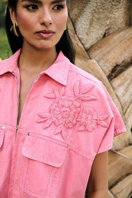 Buy_Kay Kay_Pink Denim Embroidery Collared Syra Shirt And Pant Co-ord Set _Online_at_Aza_Fashions