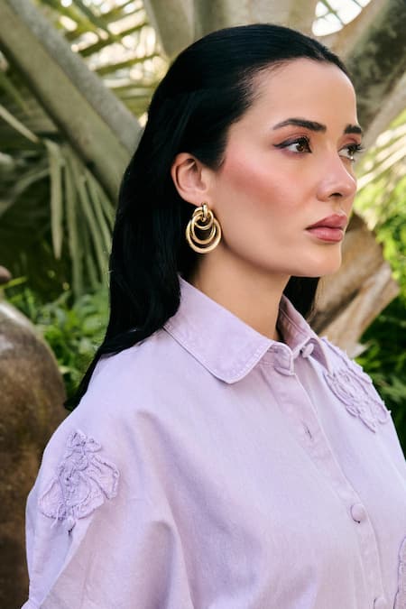 Buy_Kay Kay_Lavender Denim Embroidery Collared Blayze Shirt And Pant Co-ord Set _Online_at_Aza_Fashions