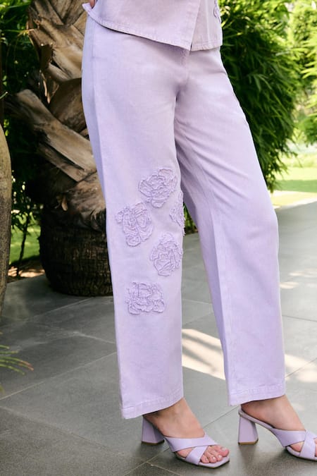 Shop_Kay Kay_Lavender Denim Embroidery Collared Blayze Shirt And Pant Co-ord Set _Online_at_Aza_Fashions
