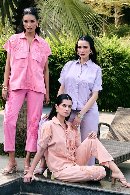 Shop_Kay Kay_Lavender Denim Embroidery Collared Blayze Shirt And Pant Co-ord Set 