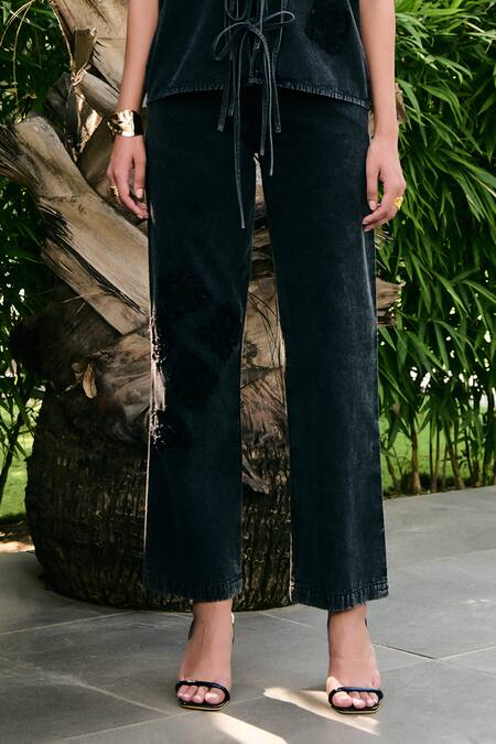 Shop_Kay Kay_Black Denim Embroidery Collared, V-neck Ciri Tie-up Shirt And Pant Co-ord Set _Online_at_Aza_Fashions