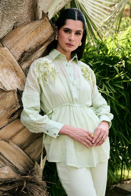 Buy_Kay Kay_Mint Cotton Embroidery, Sequins Collared Iris Shirt And Pant Co-ord Set _Online_at_Aza_Fashions