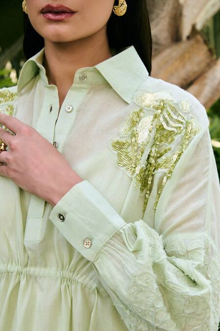 Shop_Kay Kay_Mint Cotton Embroidery, Sequins Collared Iris Shirt And Pant Co-ord Set _Online_at_Aza_Fashions