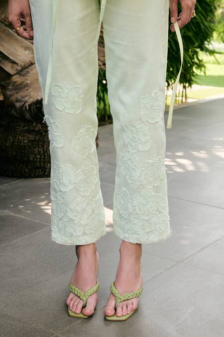 Kay Kay_Mint Cotton Embroidery, Sequins Collared Iris Shirt And Pant Co-ord Set _at_Aza_Fashions