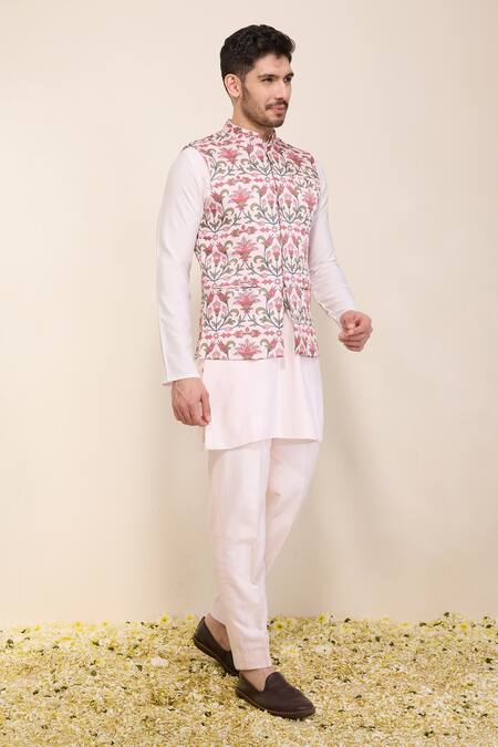 Neha Gursahani_Pink Satin, Linen Printed Bandhgala Jacket With Kurta And Pant _Online_at_Aza_Fashions