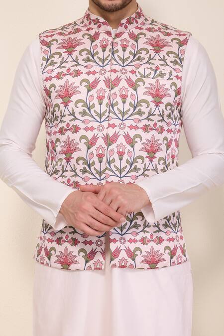 Buy_Neha Gursahani_Pink Satin, Linen Printed Bandhgala Jacket With Kurta And Pant _Online_at_Aza_Fashions