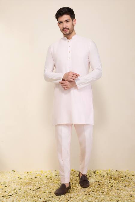 Shop_Neha Gursahani_Pink Satin, Linen Printed Bandhgala Jacket With Kurta And Pant _Online_at_Aza_Fashions