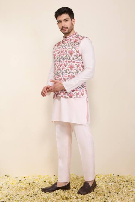 Neha Gursahani_Pink Satin, Linen Printed Bandhgala Jacket With Kurta And Pant _at_Aza_Fashions