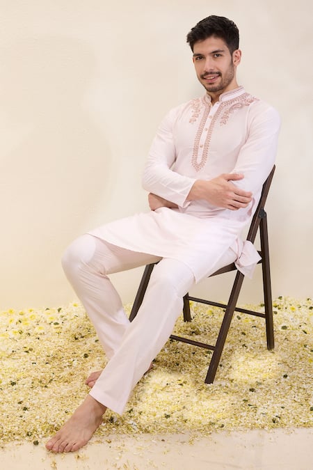 Neha Gursahani Pink Embroidery Spun Silk Kurta And Narrow Pants Online at Aza Fashions Neha Gursahani_Pink Embroidery Spun Silk Kurta And Narrow Pants _Online_at_Aza_Fashions