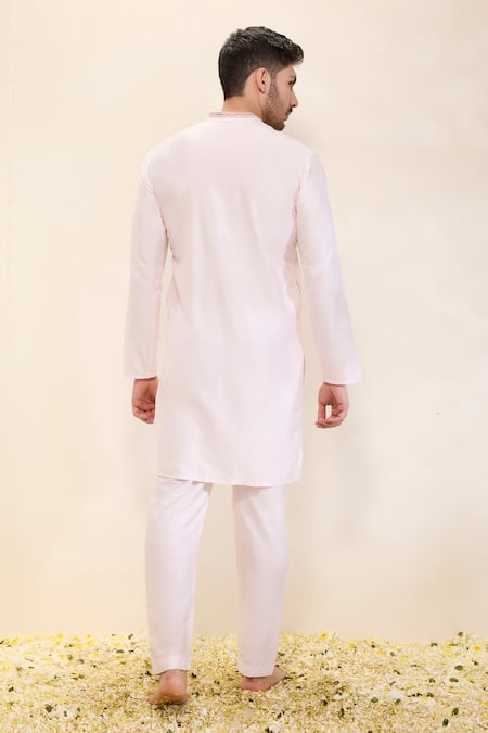 Shop Neha Gursahani Pink Embroidery Spun Silk Kurta And Narrow Pants at Aza Fashions Shop_Neha Gursahani_Pink Embroidery Spun Silk Kurta And Narrow Pants _at_Aza_Fashions