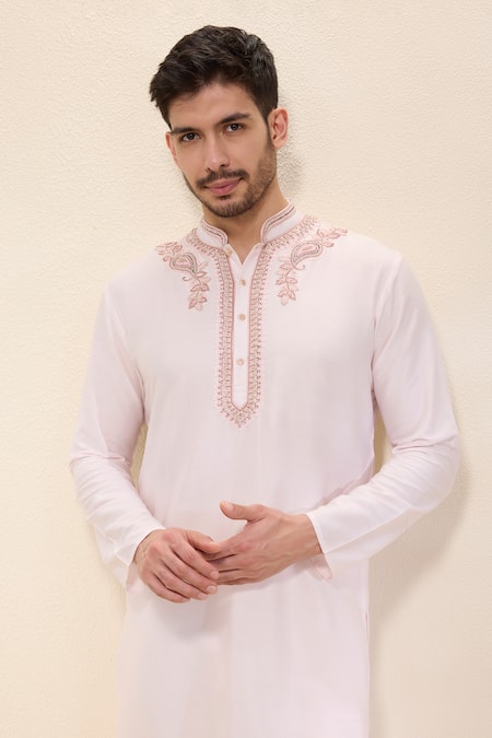 Buy Neha Gursahani Pink Embroidery Spun Silk Kurta And Narrow Pants Online at Aza Fashions Buy_Neha Gursahani_Pink Embroidery Spun Silk Kurta And Narrow Pants _Online_at_Aza_Fashions