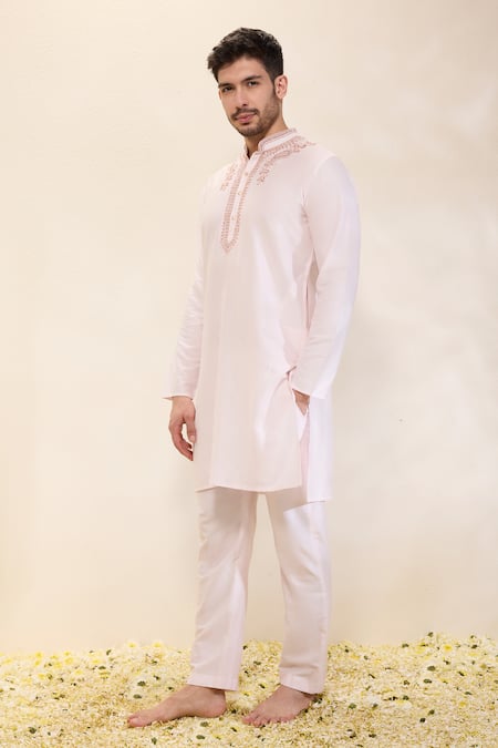 Shop Neha Gursahani Pink Embroidery Spun Silk Kurta And Narrow Pants Online at Aza Fashions Shop_Neha Gursahani_Pink Embroidery Spun Silk Kurta And Narrow Pants _Online_at_Aza_Fashions