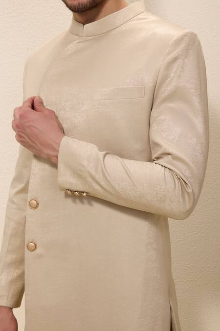 Neha Gursahani_Gold Satin, Linen Shimmer Sherwani And Matching Pant Set _Online_at_Aza_Fashions