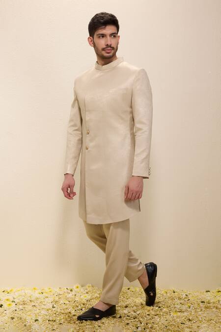 Buy_Neha Gursahani_Gold Satin, Linen Shimmer Sherwani And Matching Pant Set _Online_at_Aza_Fashions