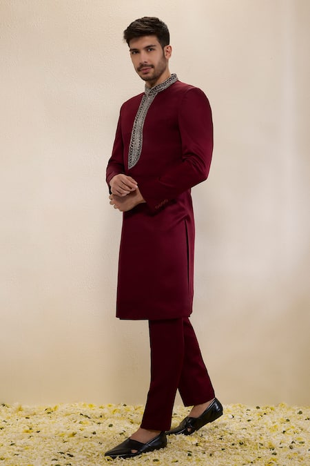 Neha Gursahani_Maroon Satin, Linen Embroidery Placket Sherwani And Narrow Pants _Online_at_Aza_Fashions