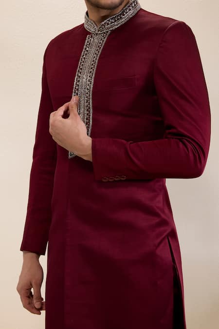 Buy_Neha Gursahani_Maroon Satin, Linen Embroidery Placket Sherwani And Narrow Pants _Online_at_Aza_Fashions