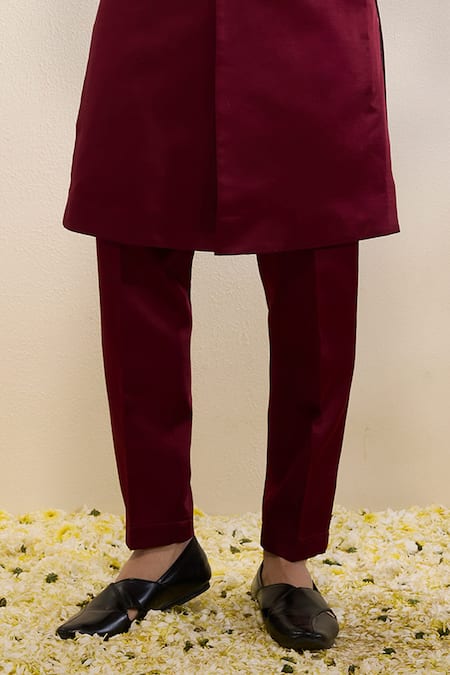 Neha Gursahani_Maroon Satin, Linen Embroidery Placket Sherwani And Narrow Pants _at_Aza_Fashions