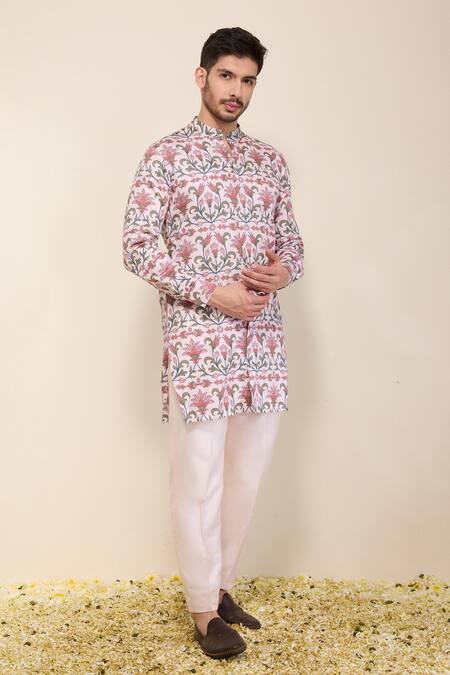 Buy Neha Gursahani Pink Satin, Linen Floral Printed Front Open Kurta And Pants Set Online at Aza Fashions Buy_Neha Gursahani_Pink Satin, Linen Floral Printed Front Open Kurta And Pants Set _Online_at_Aza_Fashions