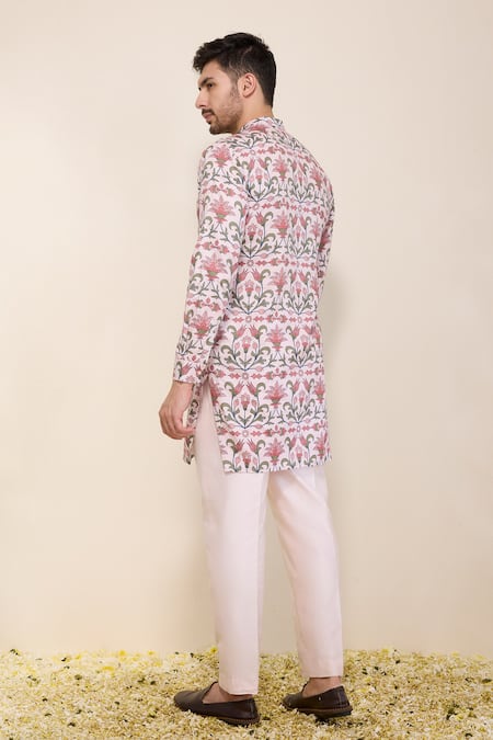 Shop Neha Gursahani Pink Satin, Linen Floral Printed Front Open Kurta And Pants Set at Aza Fashions Shop_Neha Gursahani_Pink Satin, Linen Floral Printed Front Open Kurta And Pants Set _at_Aza_Fashions