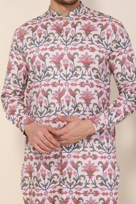 Shop Neha Gursahani Pink Satin, Linen Floral Printed Front Open Kurta And Pants Set Online at Aza Fashions Shop_Neha Gursahani_Pink Satin, Linen Floral Printed Front Open Kurta And Pants Set _Online_at_Aza_Fashions