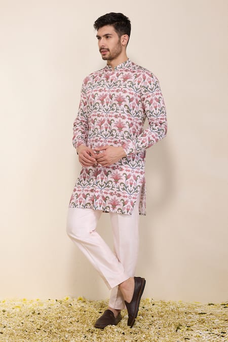 Neha Gursahani Pink Satin, Linen Floral Printed Front Open Kurta And Pants Set