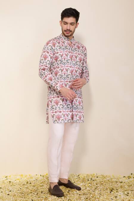 Neha Gursahani Pink Satin, Linen Floral Printed Front Open Kurta And Pants Set at Aza Fashions Neha Gursahani_Pink Satin, Linen Floral Printed Front Open Kurta And Pants Set _at_Aza_Fashions