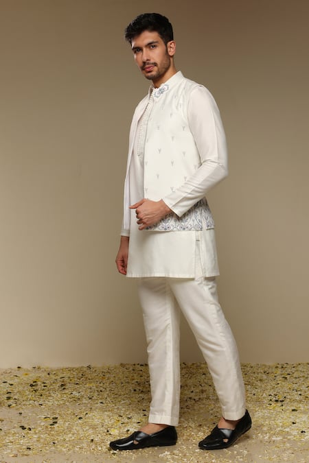 Shop_Neha Gursahani_Ivory Embroidery Bandhgala Jacket Kurta And Pant Set _Online_at_Aza_Fashions